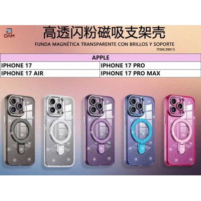 IPHONE 17 AIR FUNDA MAGNETICA TRANSPARENTE CON BRILLOS Y SOPORTE