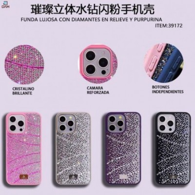 IPHONE 15 PRO FUNDA LUJOSA CON DIAMANTES EN RELIEVE Y PURPURINA